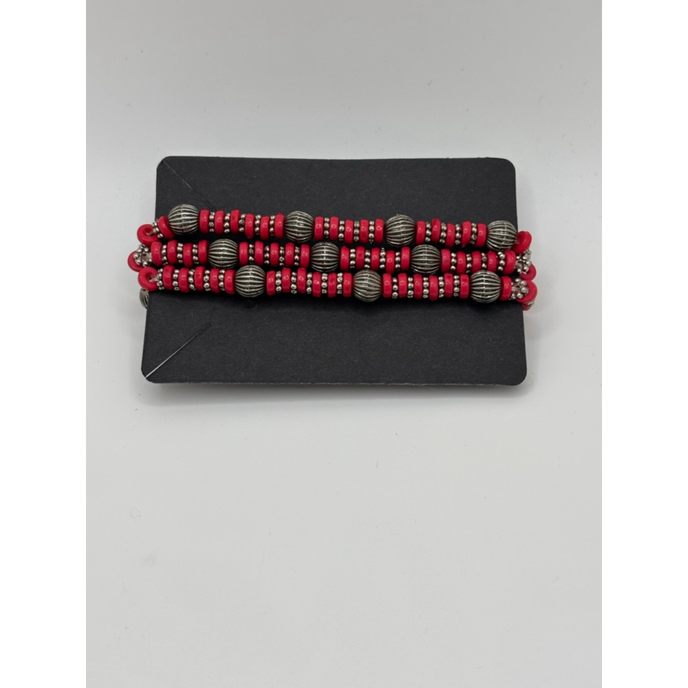 Red Silver Beaded Cord Bracelet